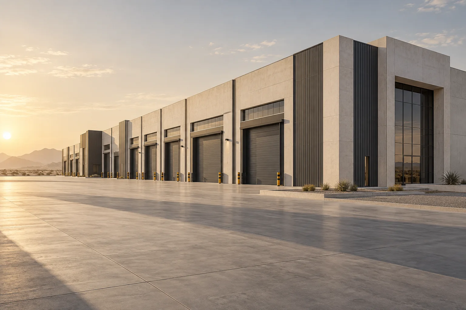 Architectural illustration of a contemporary industrial warehouse complex